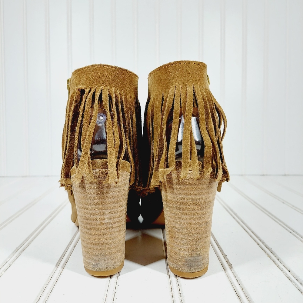 🔥 Carlos Santana Fringed Heeled Brown Suede Open Toe Ankle Booties - Picture 6 of 14